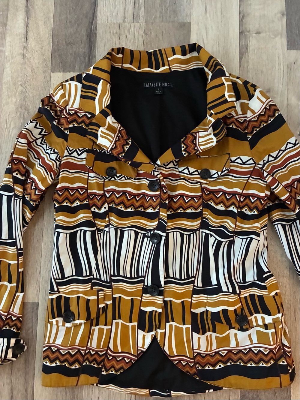 Lafayette 148 New York Mustard, Black & Cream Patterned Button Jacket